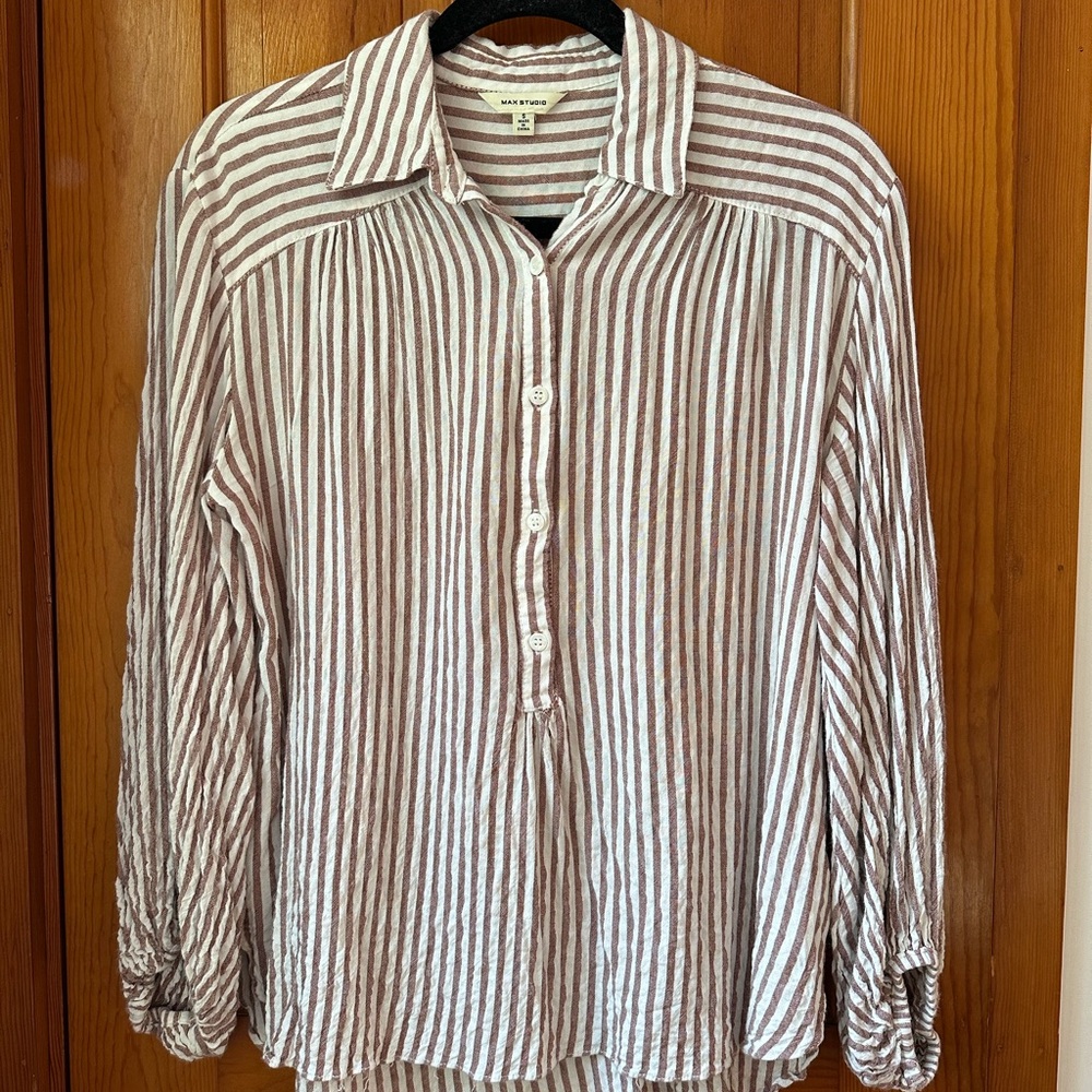 Max Studio Burgundy and White Striped Crinkled Shirt Blouse - Small